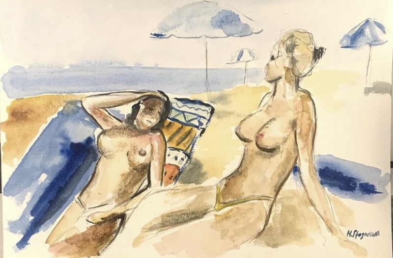 Girls on a Nudist Beach, original watercolour painting by Marina Stognieva